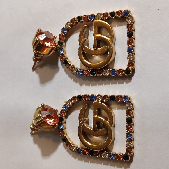 AUTHENTIC GUCCI GOLD TONE MULTIPLE COLORED CRYSTAL DANGLING EARRINGS - Picture 1 of 7